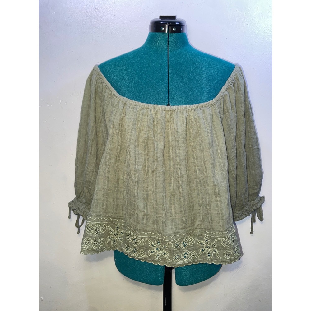 American Eagle Sage Cotton Gauze Eyelet Off Shoulder Crochet Lace Boho Blouse L